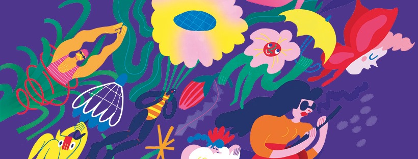 Bright illustrations featuring flowers, umbrellas, people in swimwear, etc.