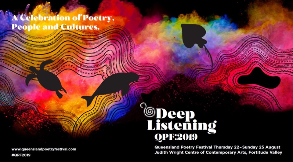 Colour image of animals swimming through coloured smoke, with the text: A Celebration of Poetry, People and Cultures. Deep Listening QPF2019