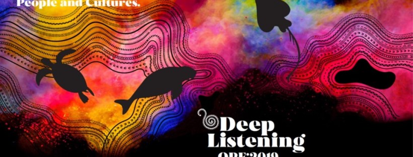 Colour image of animals swimming through coloured smoke, with the text: A Celebration of Poetry, People and Cultures. Deep Listening QPF2019