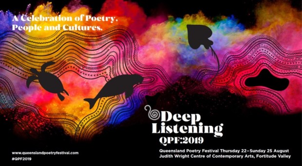 Colour image of animals swimming through coloured smoke, with the text: A Celebration of Poetry, People and Cultures. Deep Listening QPF2019