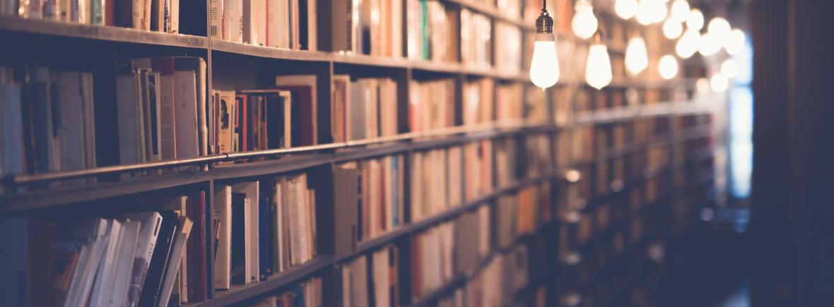Photo of bookshelves in a bookshelf with bright bulb lights hanging from the ceiling