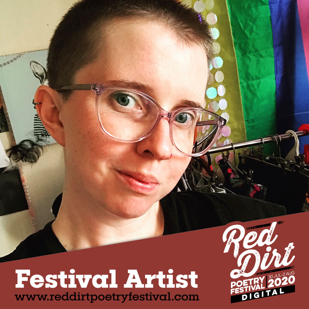 photo of a white person with short hair and big glasses with the text 'Red Dirt Poetry Festival Ar