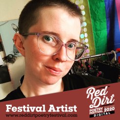 photo of a white person with short hair and big glasses with the text 'Red Dirt Poetry Festival Ar