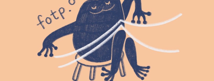 Artistic sketch of a blue frog sitting on a chair with paper balanced on their knees, a pair of scissors and twine lay at their feet. The text fotp.online floats above their shoulder and head.