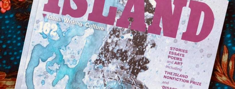 Photo of a magazine cover called Island with pink writing and the grey sketch of an eye, resting on a blue floral background.