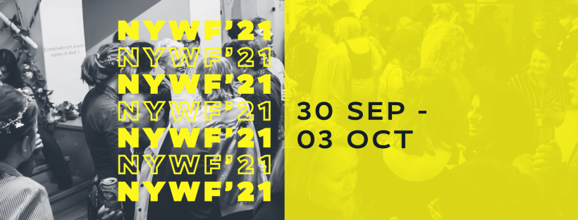 Grey, black and yellow themed header image with a party photo full of people in the background, and text that reads 'NYWF 21 30 Sept - 03 Oct'
