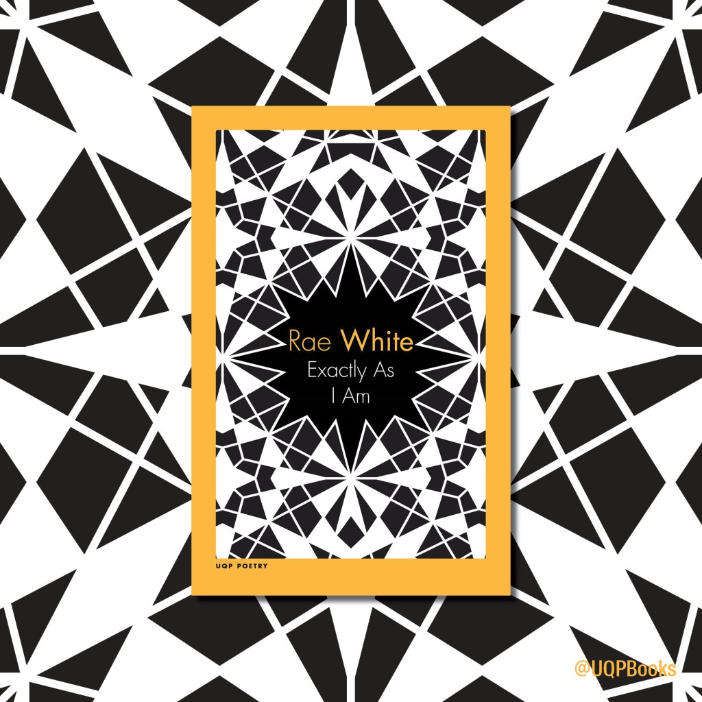 Picture of a black, white and yellow book cover that has a smashed glass kinda design, with the text 'Rae White, Exactly As I Am'