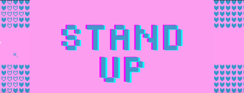 Screen shot of a blue and pink pixel game with a main character, sun and cat in the image with hearts and arrows in the background.