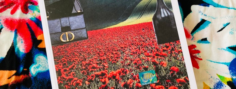 Photo of an Australian Poetry Journal collage cover featuring a field of red poppies, placed on a colourful floral background.