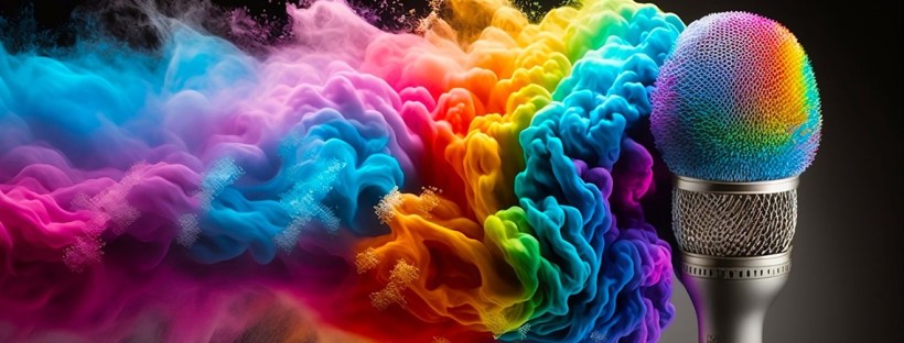 Photo of a microphone emitting rainbow smoke