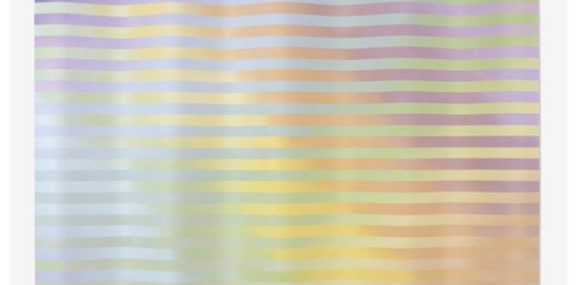 A page from the catalog featuring Lincoln Austin’s ‘ I saw myself, in you, wondering, how did I get here’ - Winner of the 'Art for Life' Award. This is a colourful abstract piece with horizontal stripes in pastel shades and wavy lines. Mediums include synthetic polymer paint on aluminium. Photographed by Carl Warner, 2023.