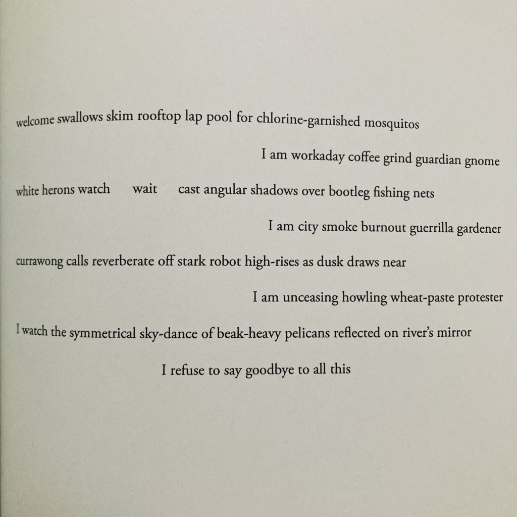 Photo of a white page with text of a poem that reads: ‘welcome swallows skim rooftop lap pool for chlorine-garnished mosquitos / I am workaday coffee grind guardian gnome / white herons watch wait cast angular shadows over bootleg fishing nets / I am city smoke burnout guerrilla gardener / currawong calls reverberate off stark robot high-rises as dusk draws near / I am unceasing howling wheat-paste protester / I watch the symmetrical sky-dance of beak-heavy pelicans reflected on river's mirror / I refuse to say goodbye to all this’