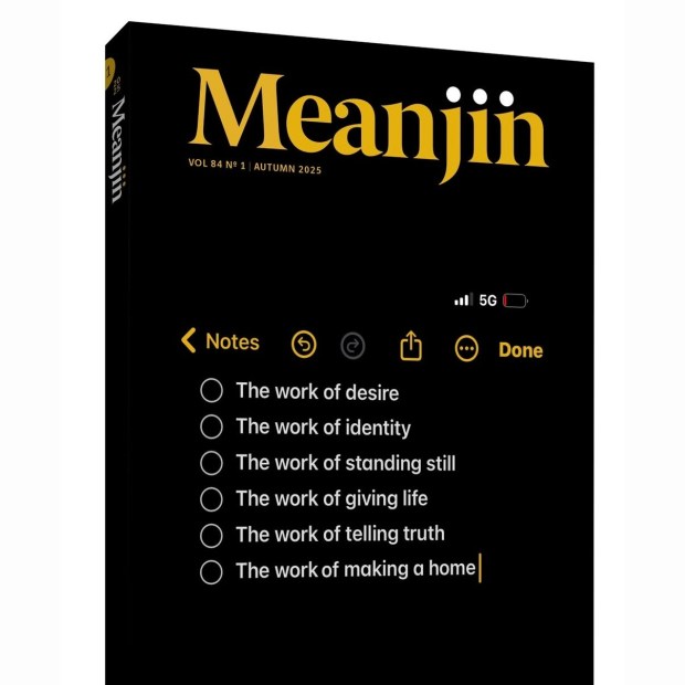 An image of the Autumn 2025 issue of Meanjin (Vol 84, No 1). The cover mimics the interface of an iPhone Notes app in dark mode. It lists six bullet-pointed phrases: ‘The work of desire,’ ‘The work of identity,’ ‘The work of standing still,’ ‘The work of giving life,’ ‘The work of telling truth,’ and ‘The work of making a home.’ The design uses yellow and white text on a black background, with the Meanjin logo at the top in gold.
